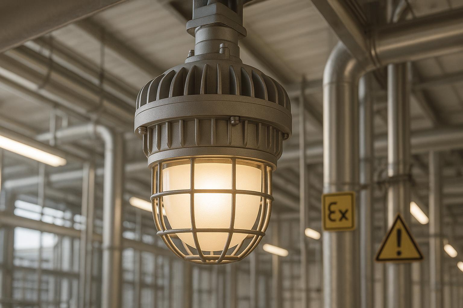 Industrial cage light hanging in factory with warning signs