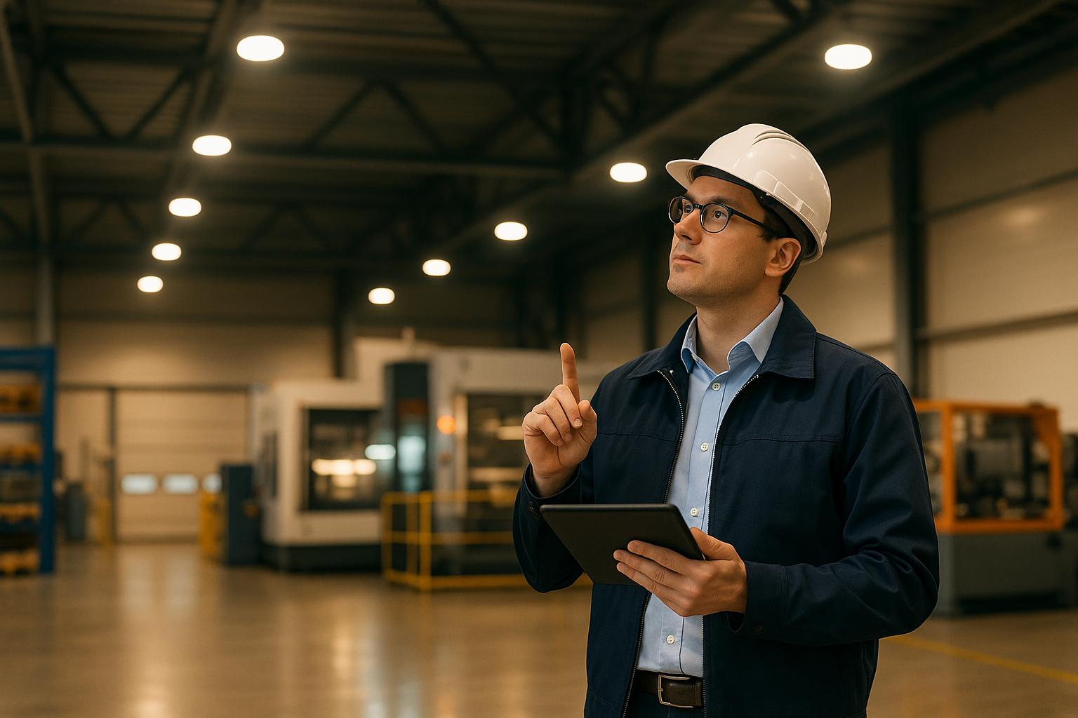 Engineer in hard hat with tablet gestures while inspecting industrial facility