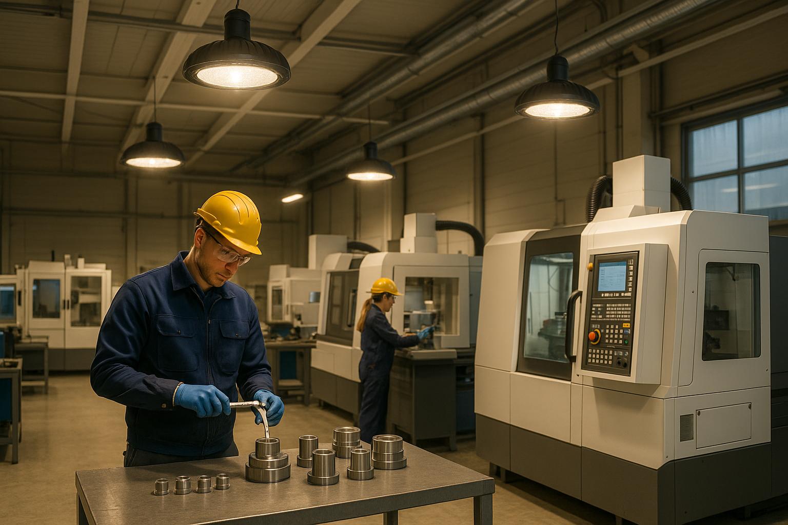 Workers in hard hats operate CNC machines in industrial manufacturing facility
