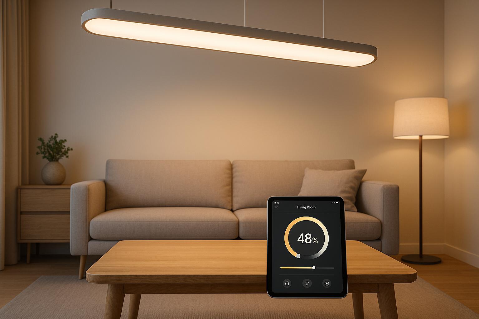 Smart home device on coffee table with modern living room lighting