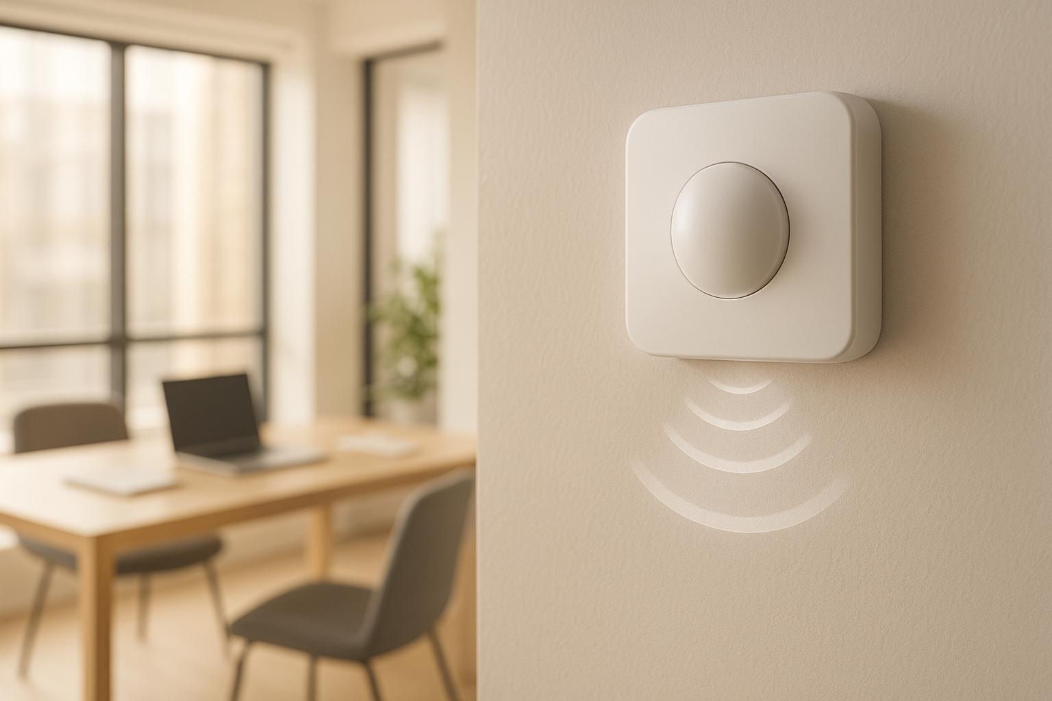 Wireless motion sensor on wall near home office workspace