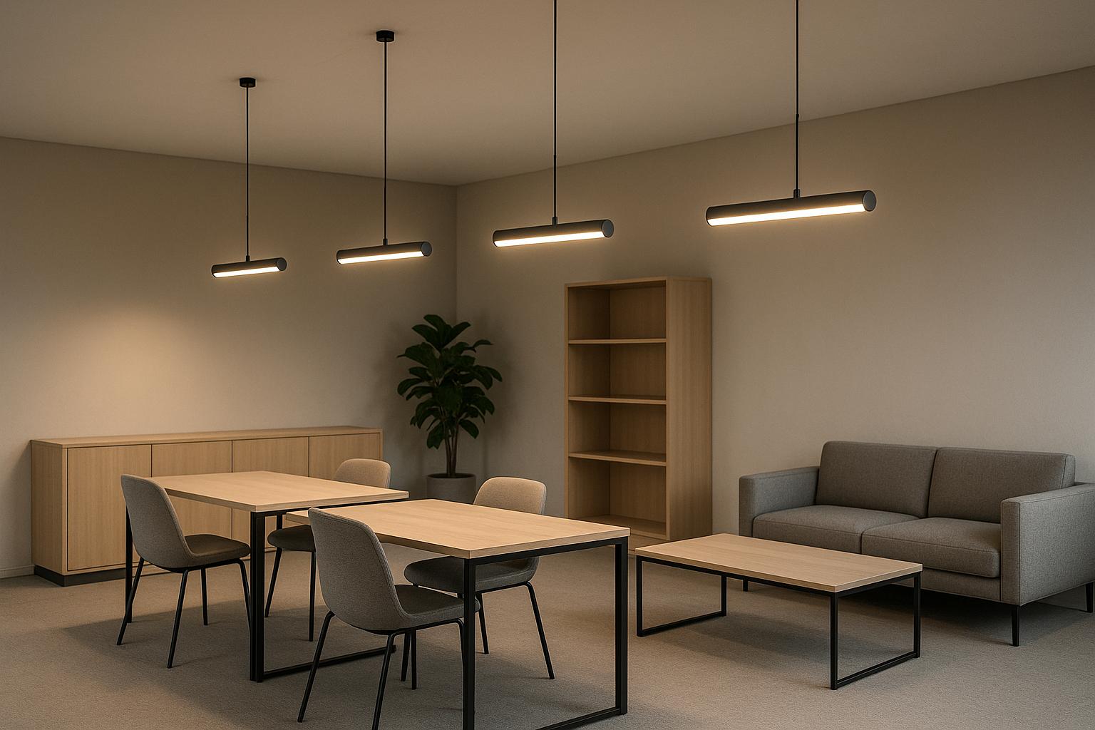 Minimalist office meeting room with wooden tables, gray chairs, and pendant lights