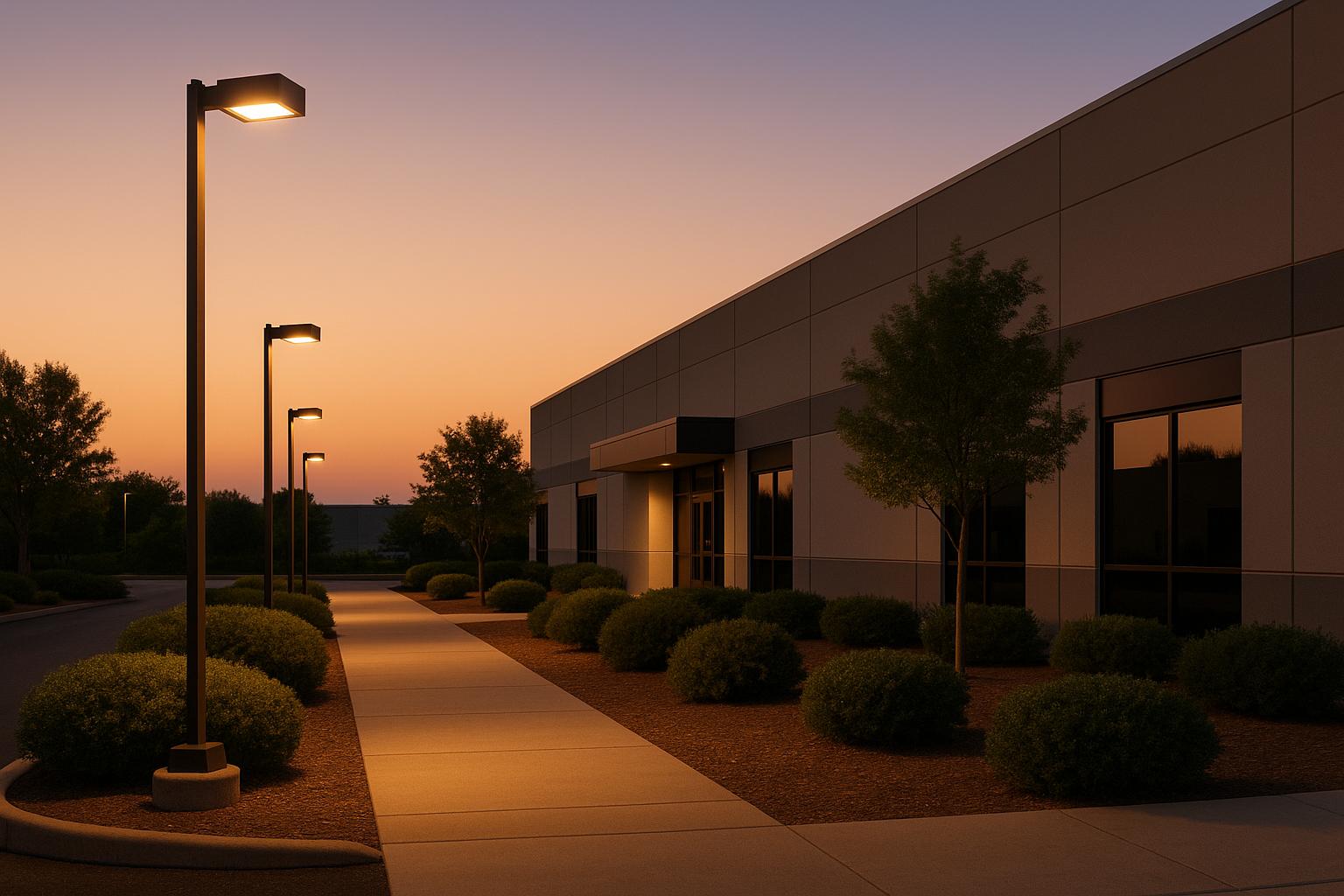 Modern office building exterior at sunset with illuminated walkway