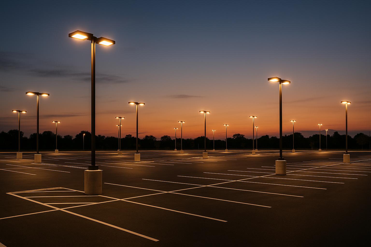 Empty parking lot at sunset with illuminated street lamps