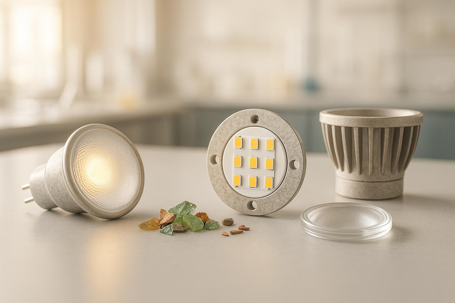 LED light bulbs with yellow chips and decorative stones on table