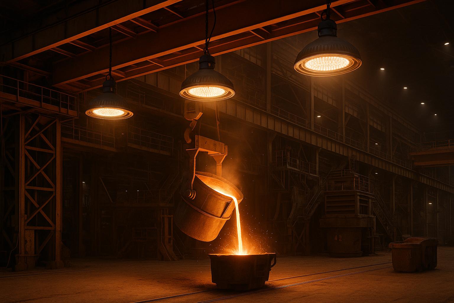 Molten metal pouring from industrial ladle under warm industrial lighting