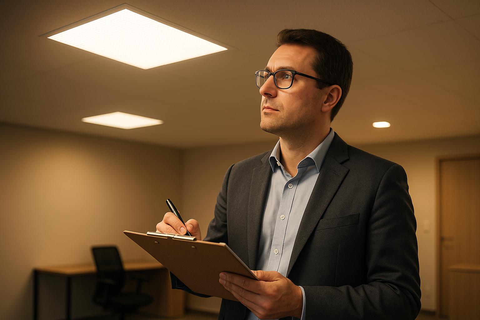 Professional in suit taking notes on clipboard in office with overhead lighting