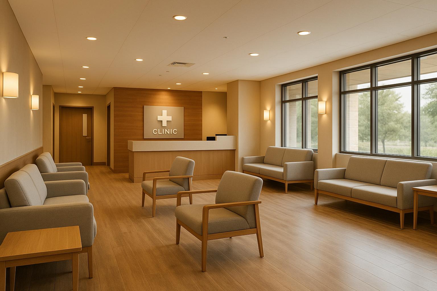 Modern, empty clinic waiting room with wooden floors and neutral furniture