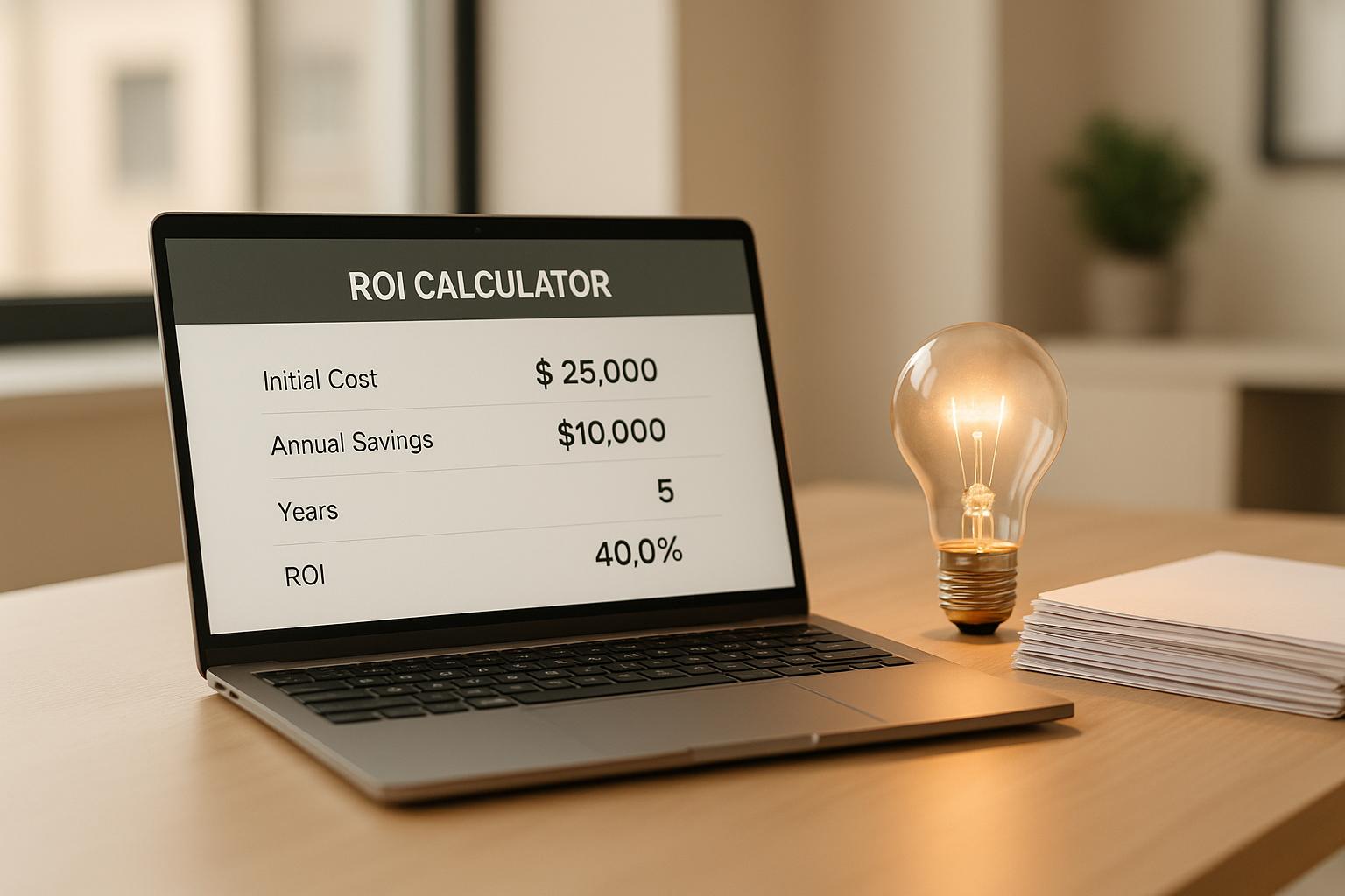 Laptop displaying ROI calculator with illuminated light bulb nearby