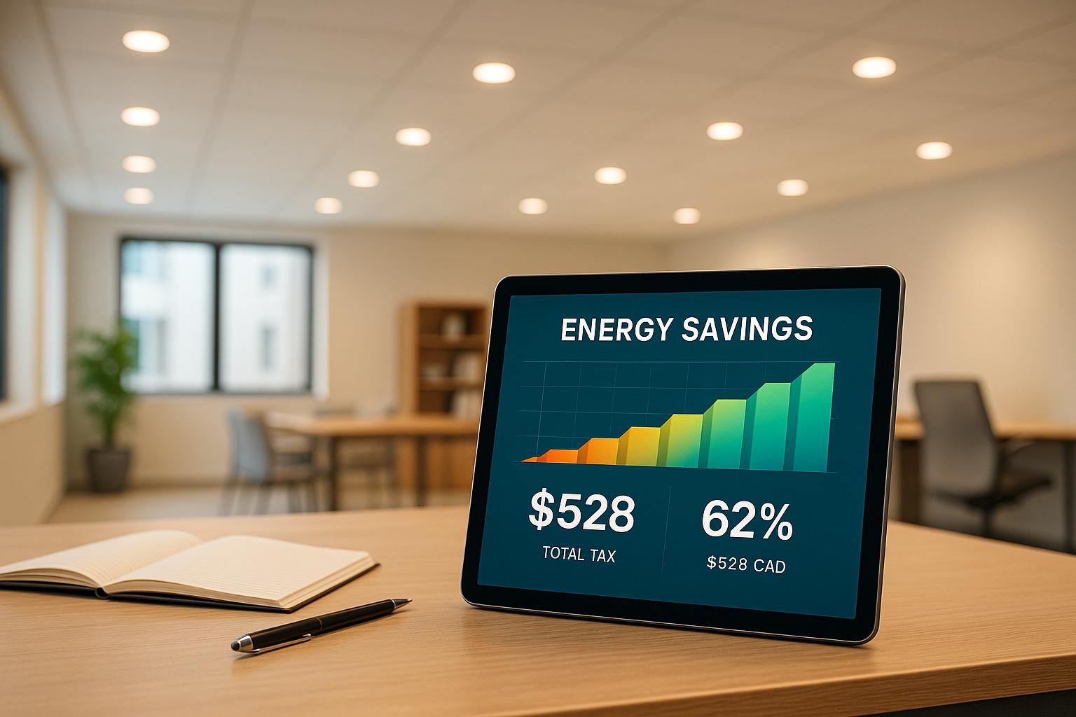 Tablet displaying energy savings graph with tax and percentage data