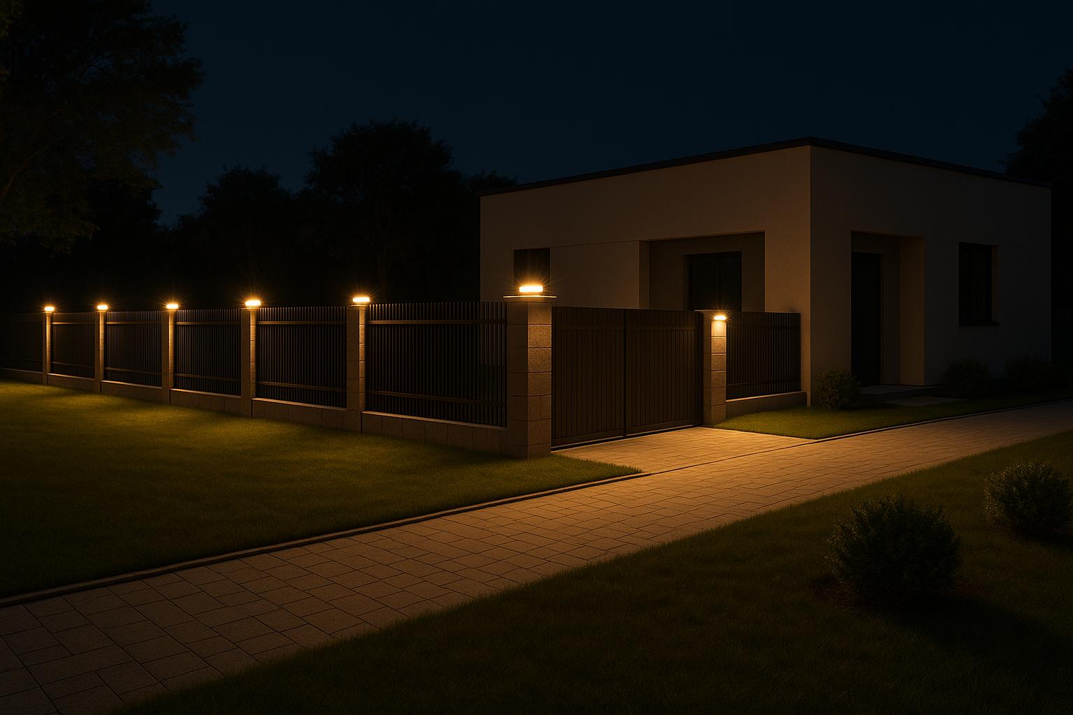 Night scene of illuminated fence, pathway, and modern house exterior
