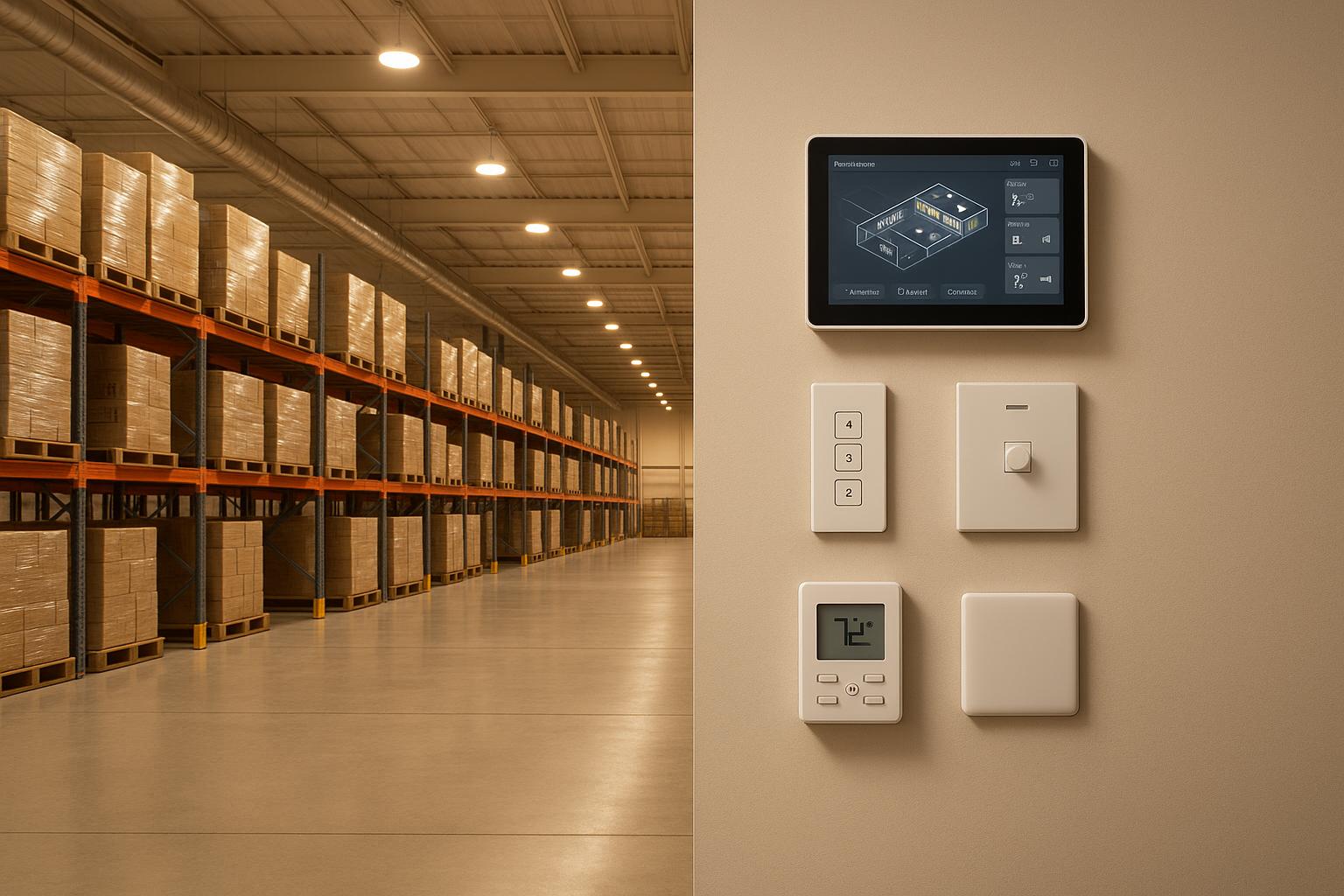 Warehouse interior with stacked boxes, control panel, and temperature display
