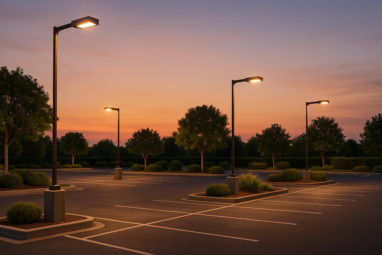 Empty parking lot at sunset with streetlights and landscaped trees