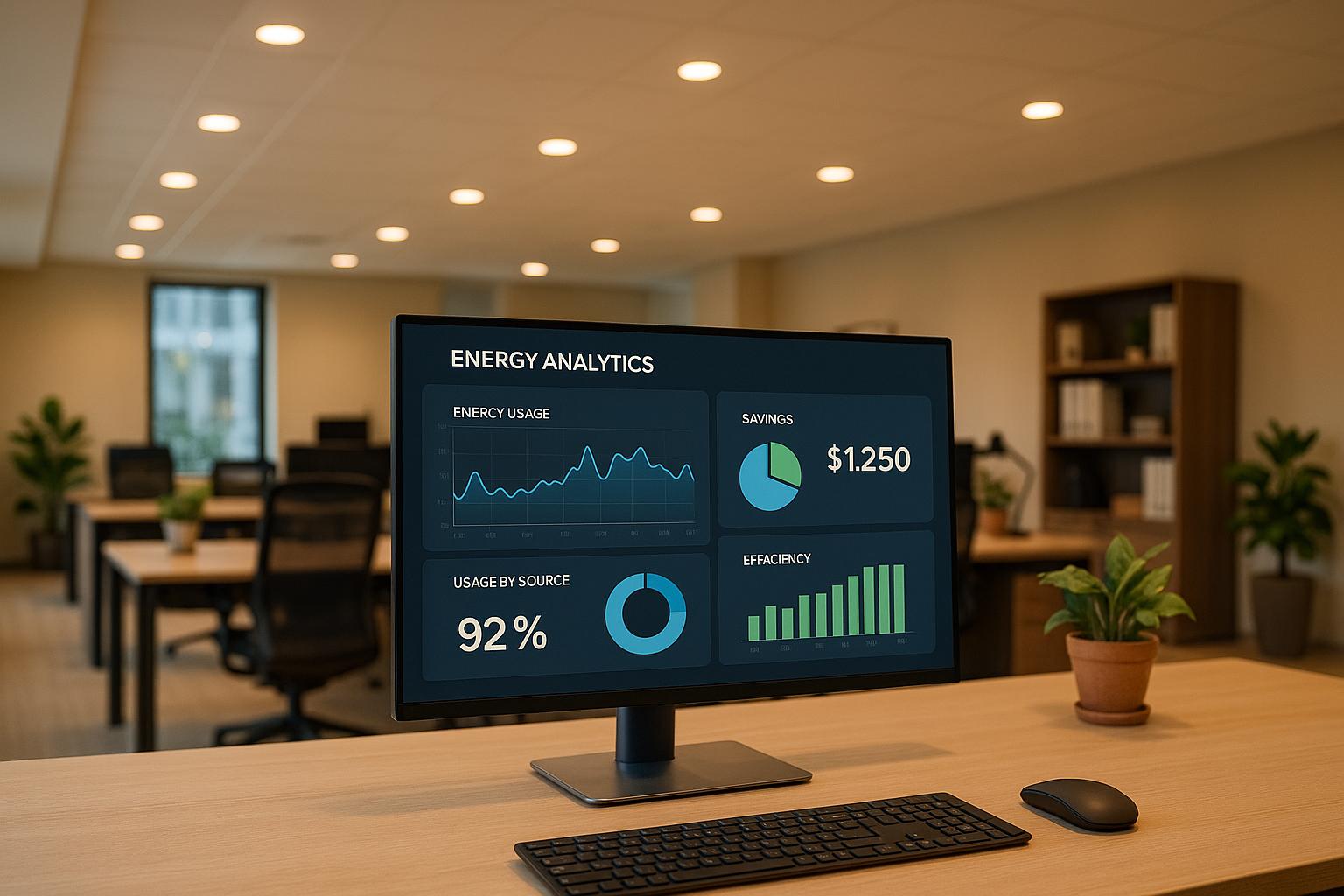 Energy analytics dashboard showing usage, savings, and efficiency metrics