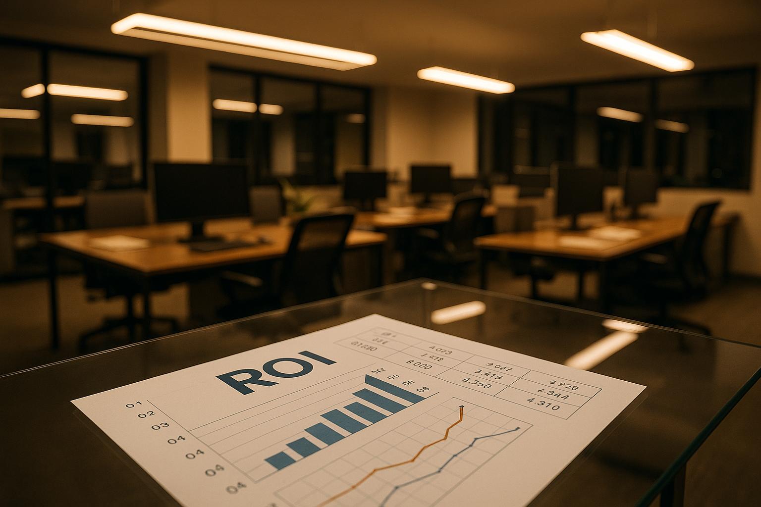 ROI document with growth chart on desk in empty office workspace
