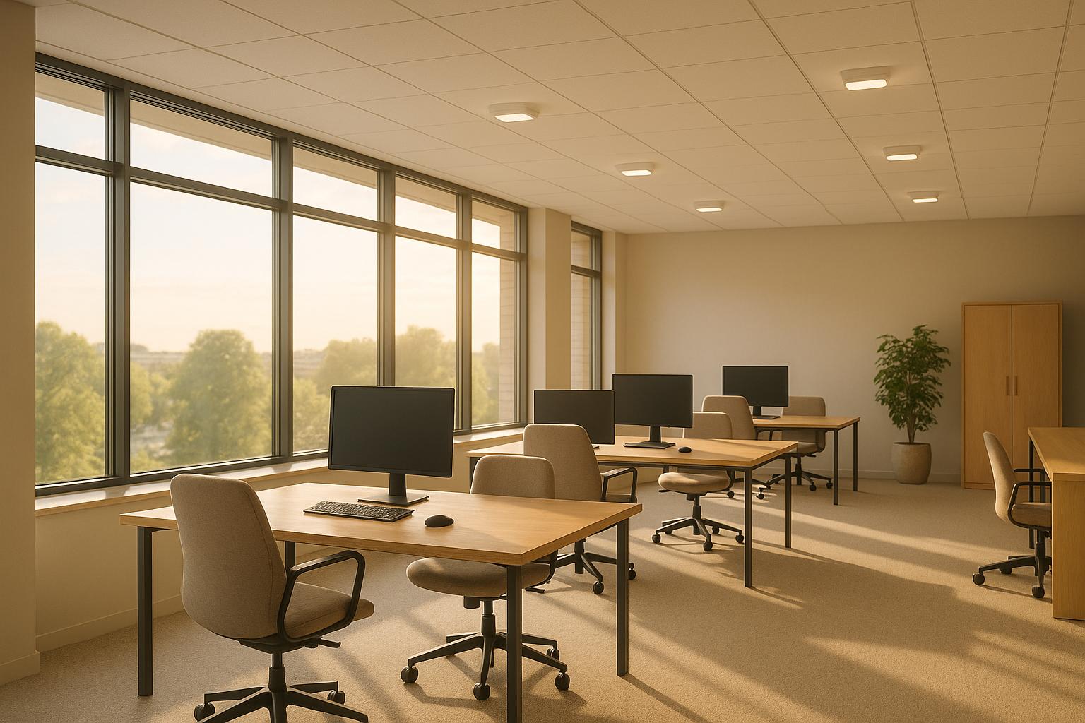 Modern office workspace with computer workstations and large windows