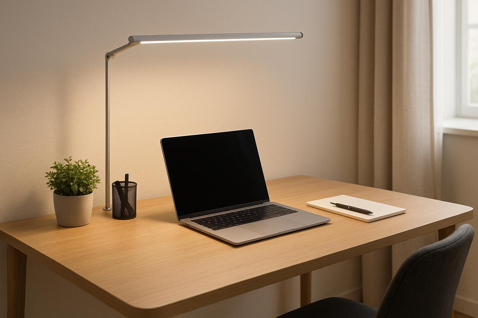 Minimalist workspace with laptop, desk lamp, plant, and notebook
