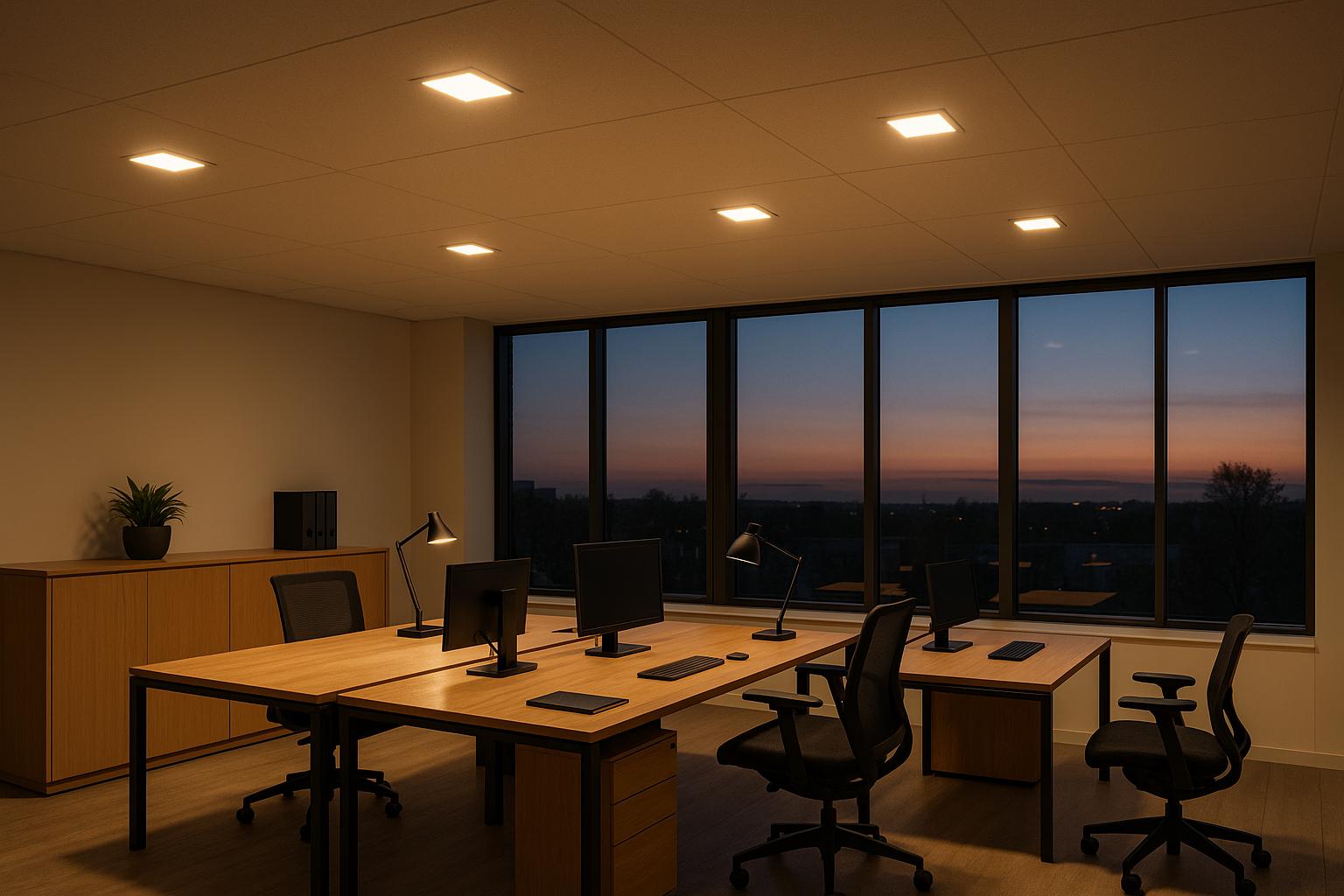 Modern office workspace at sunset with computers and large windows
