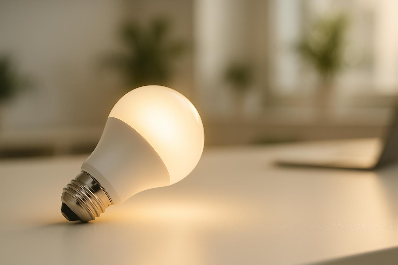 Glowing white LED light bulb resting on a surface with blurred background