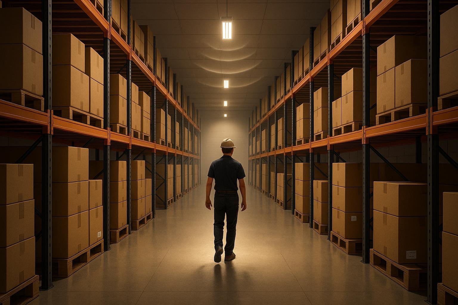 Warehouse worker walks between tall shelves with cardboard boxes at night