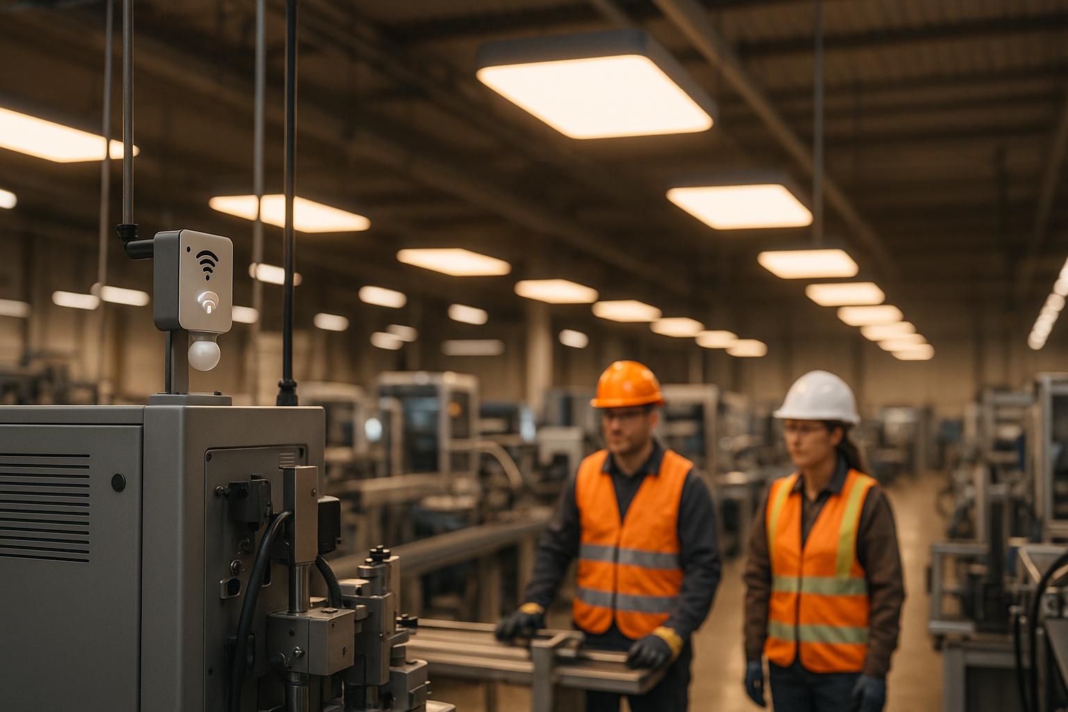 Workers with safety vests and helmets in industrial manufacturing facility