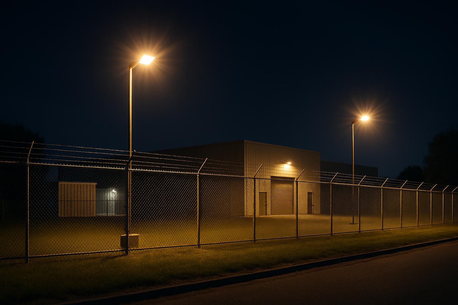 Night scene of industrial facility with fenced compound and streetlights
