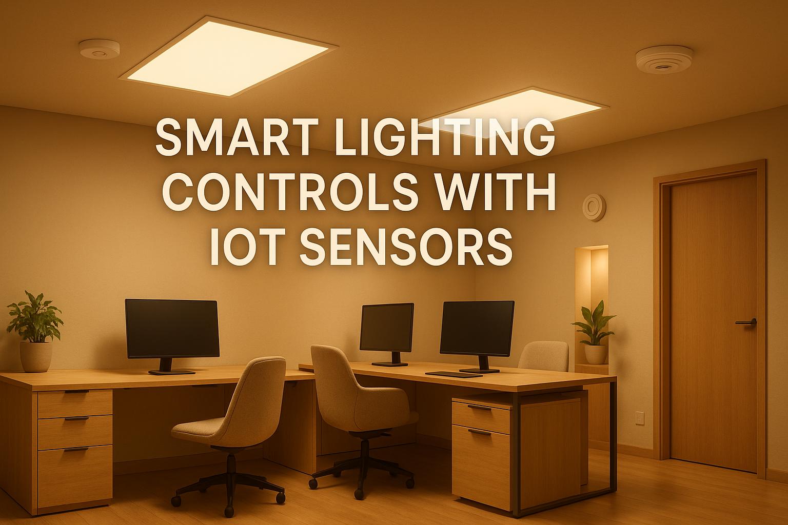 Modern office workspace with smart lighting and IoT sensor technology