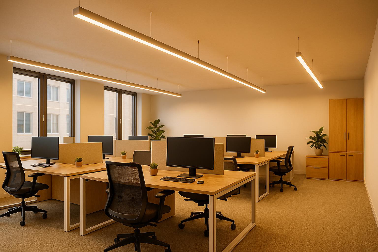 Modern office workspace with computers, plants, and linear pendant lighting