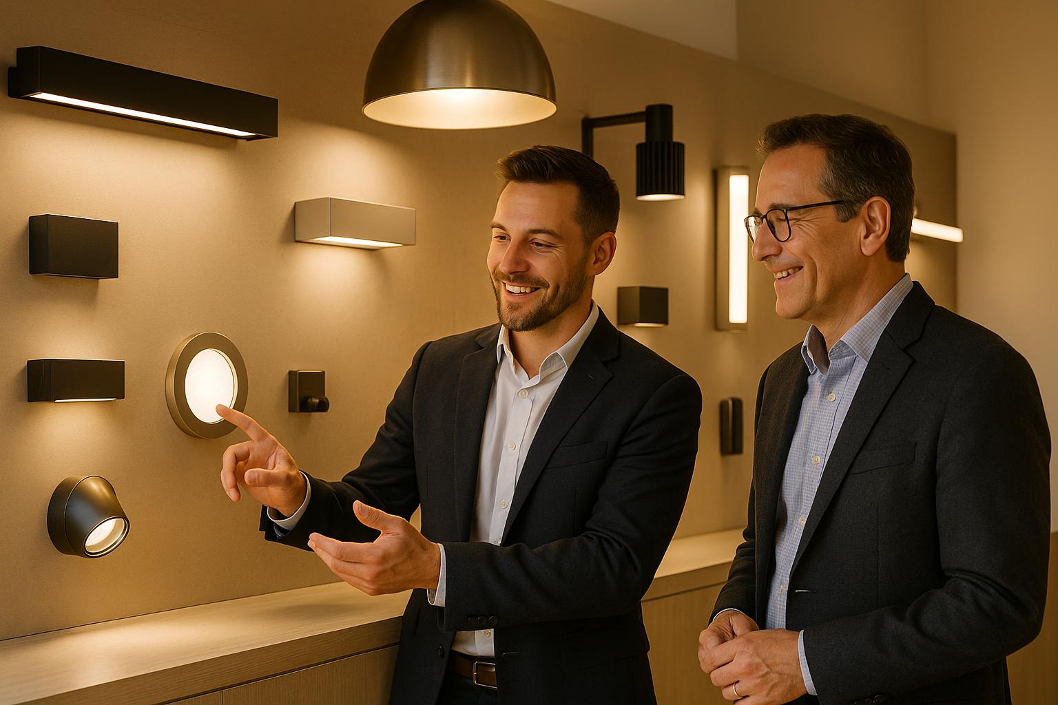 Two businessmen discussing lighting controls in a warmly lit room