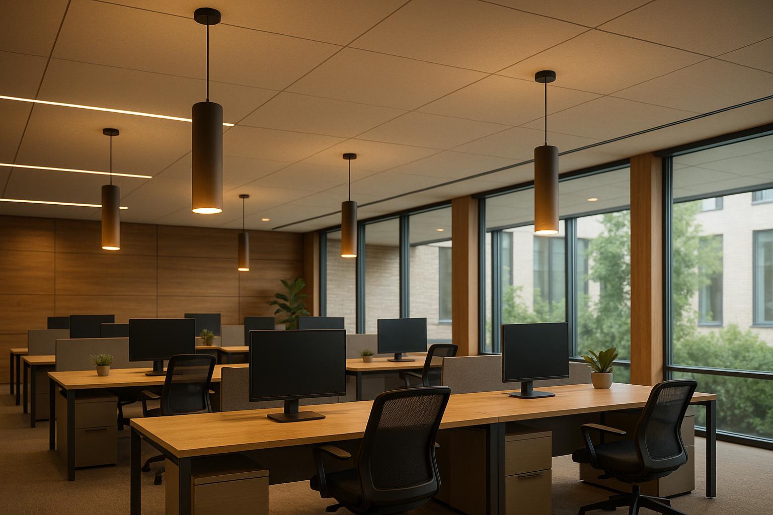 Modern office workspace with wooden tables, computers, and pendant lights