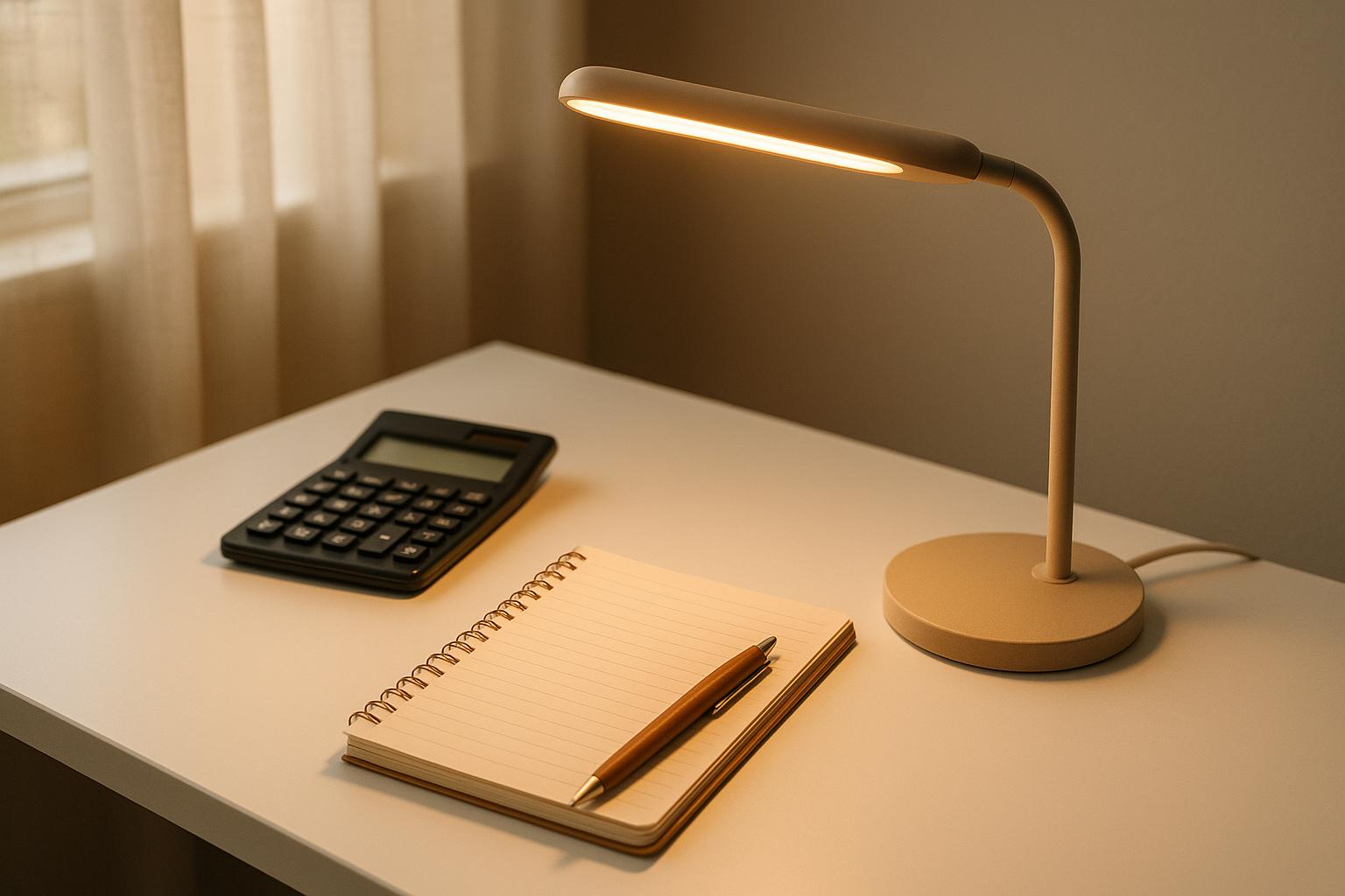 Desk lamp illuminating notebook, calculator, and pen on white workspace