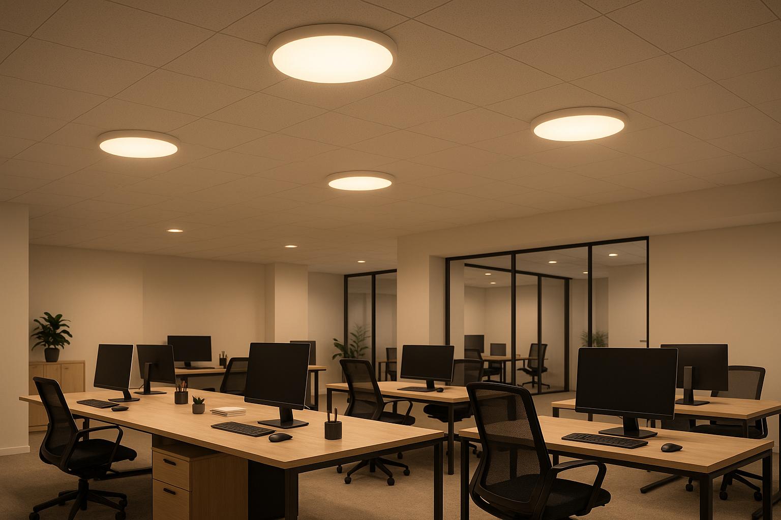 Modern office workspace with computers, desks, and warm ceiling lights