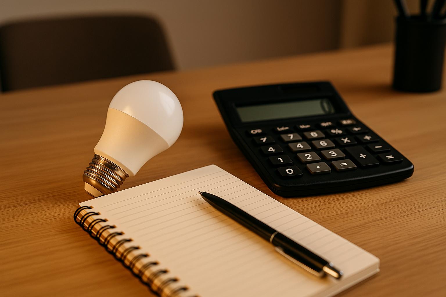 LED bulb, notebook, pen, and calculator on wooden desk