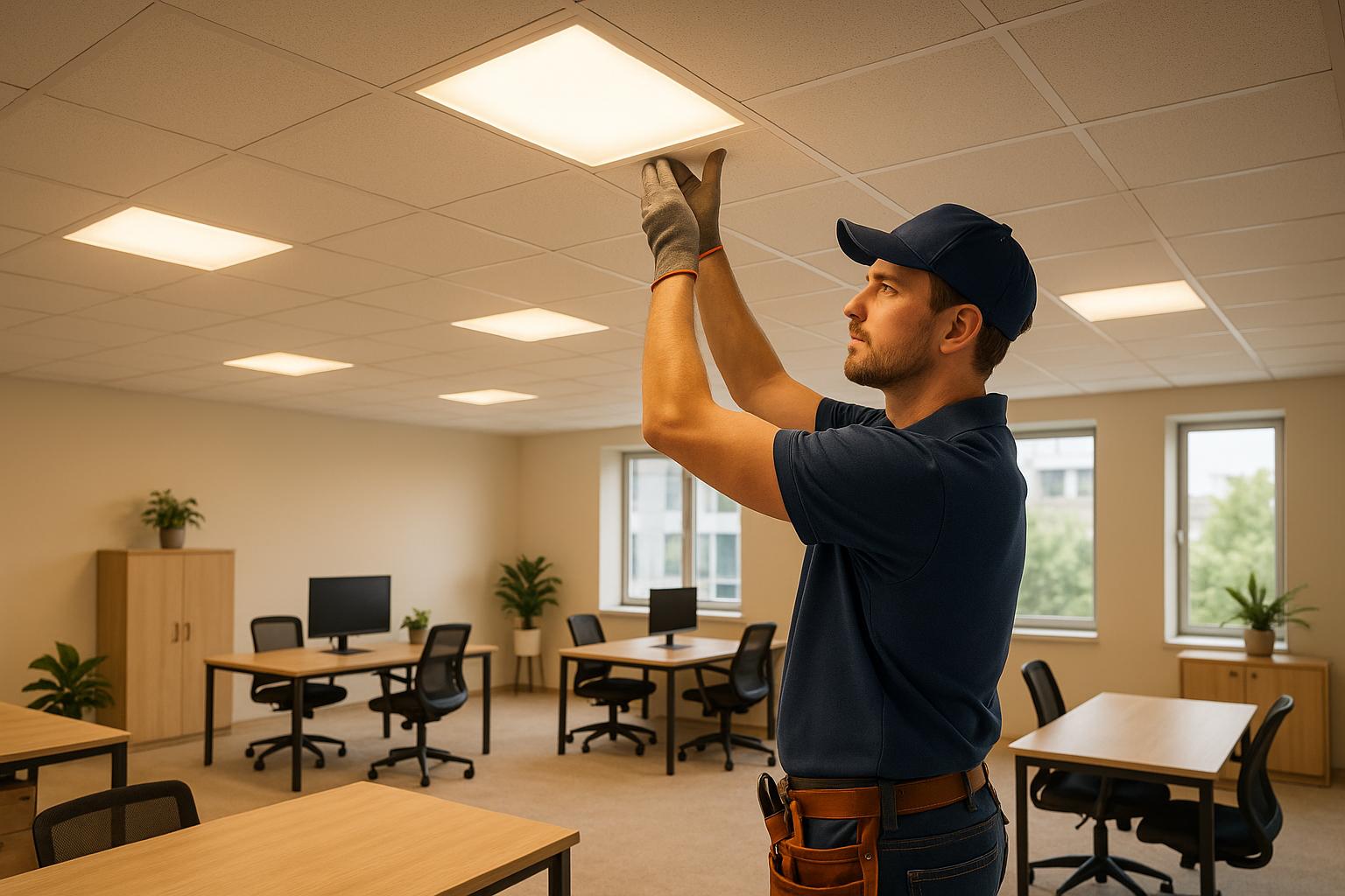 Maintenance worker adjusting ceiling light in modern office workspace