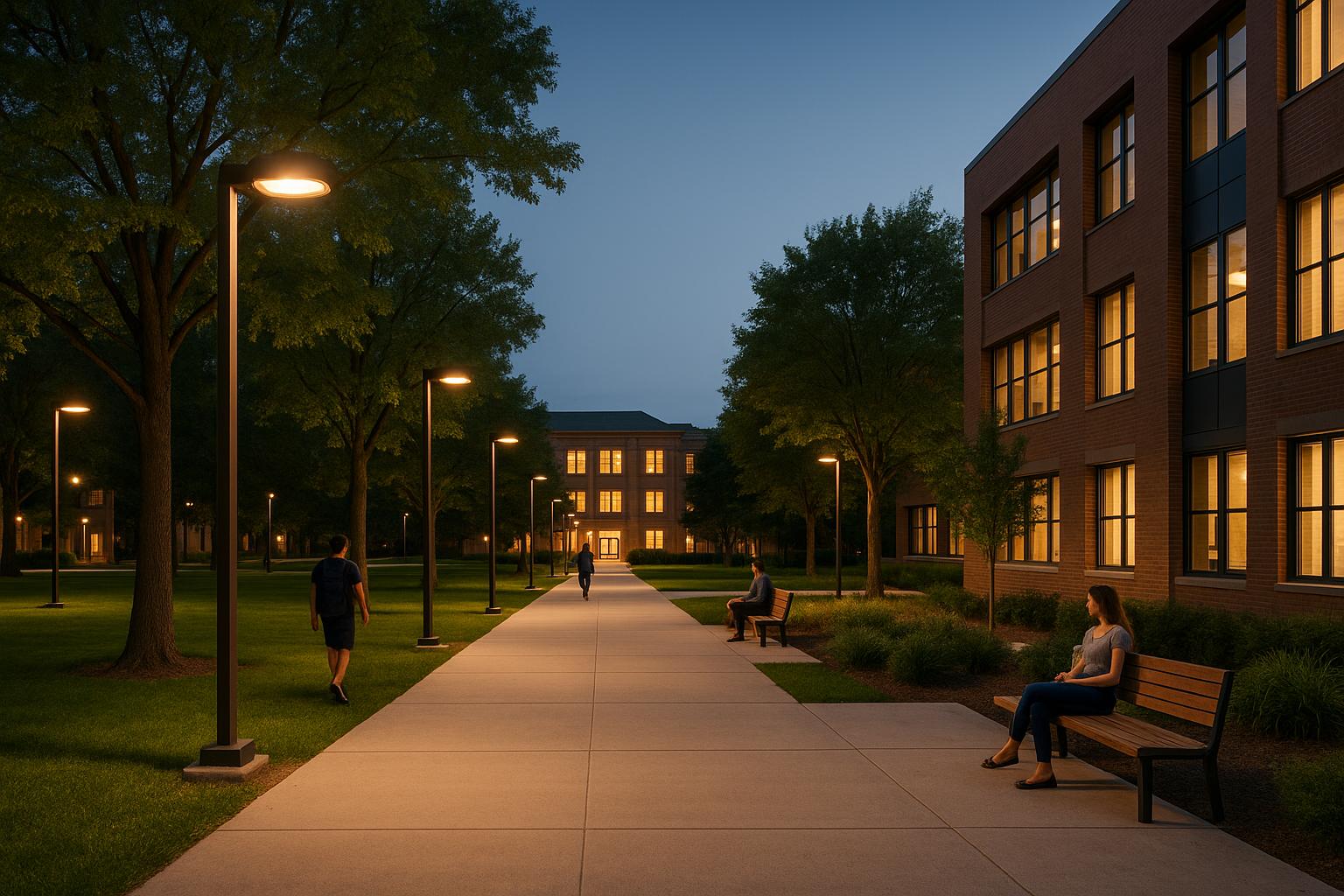 Twilight campus walkway with streetlamps, trees, and people walking and sitting