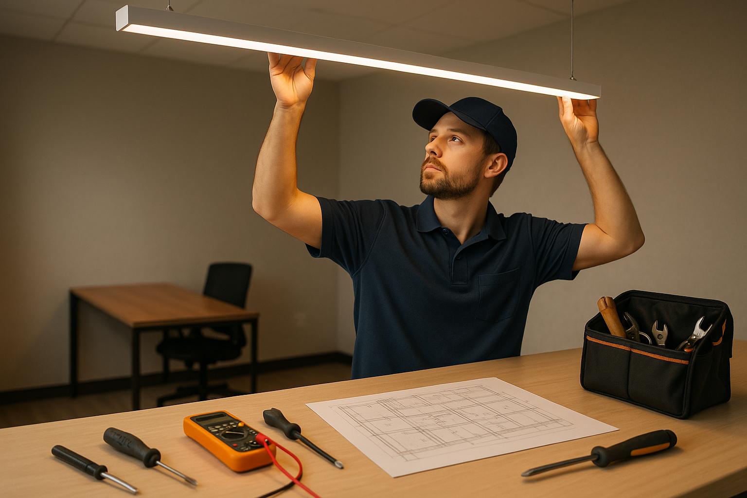 Electrician adjusting overhead light with technical drawings and tools nearby