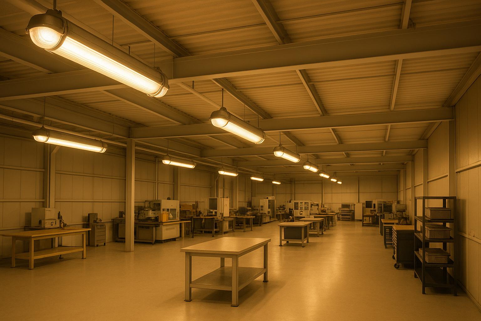 Empty industrial workshop with workbenches and fluorescent lighting