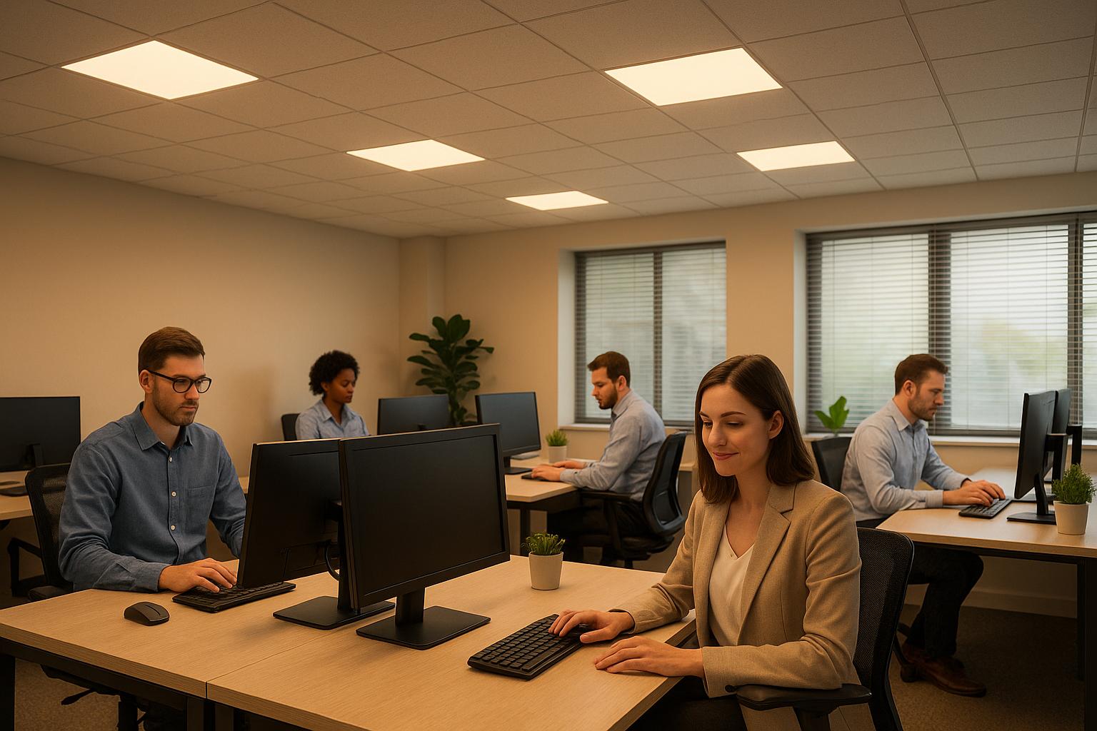 Office workers at desks with computers in a bright, modern workspace