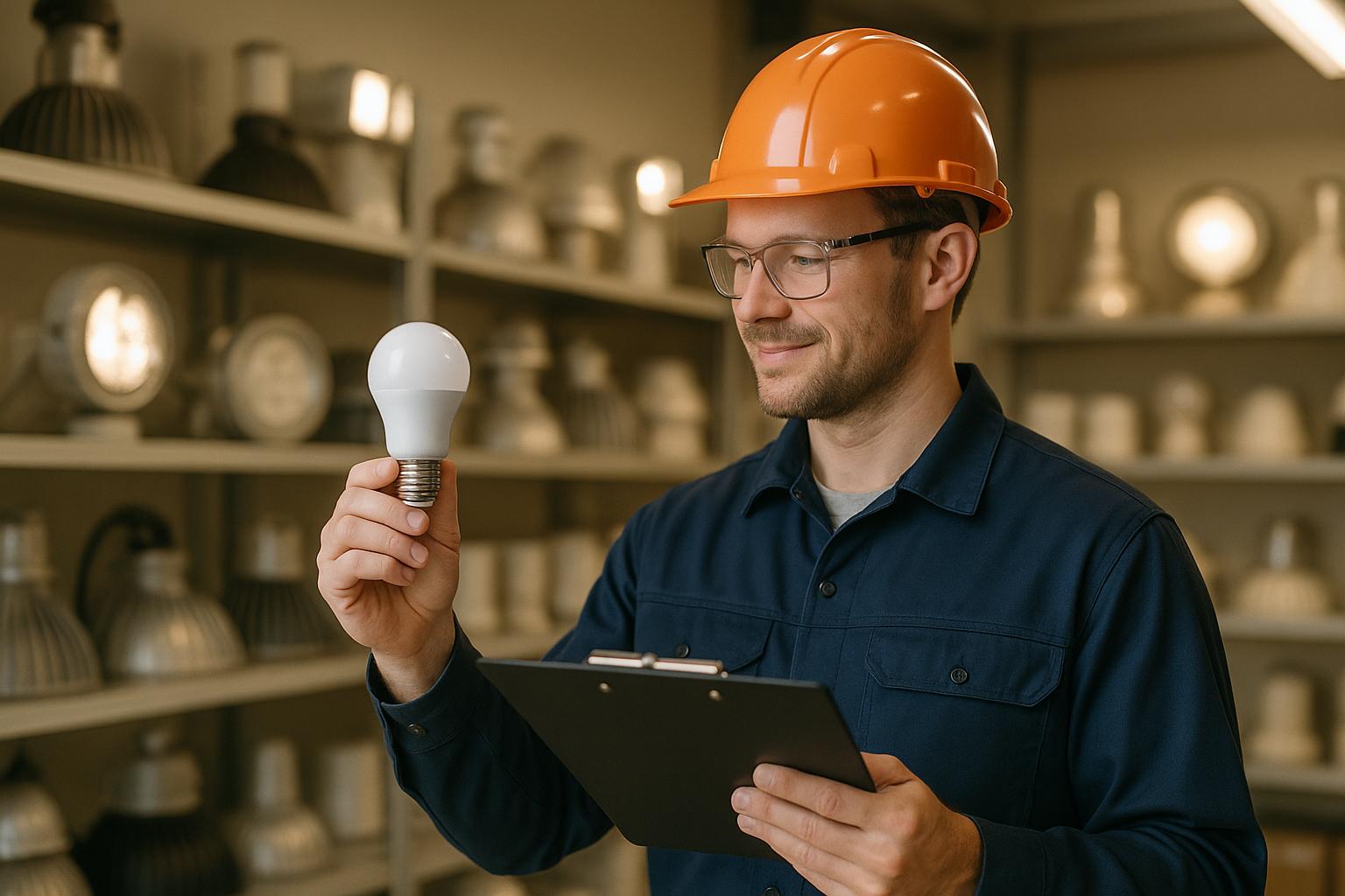 Engineer with hardhat inspects LED bulb in lighting warehouse