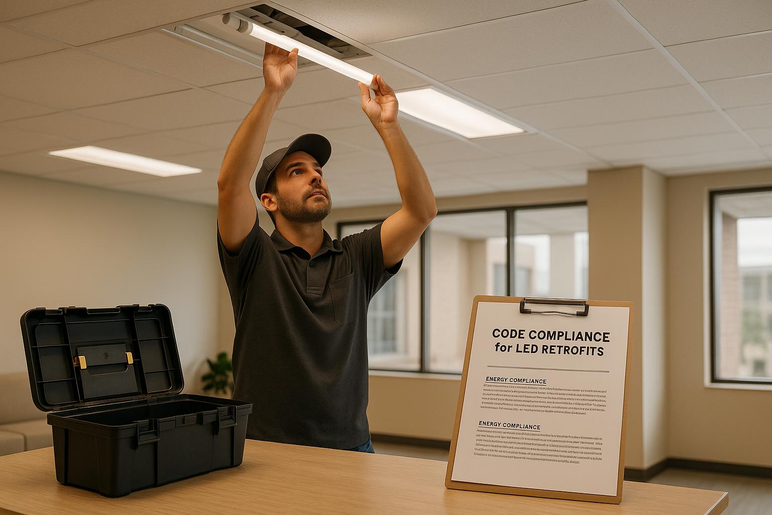 Technician installing LED light fixture while referencing energy compliance document