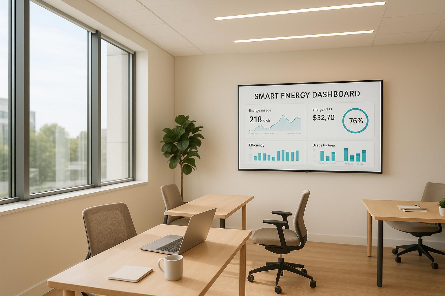 Smart energy dashboard displayed in modern minimalist office workspace