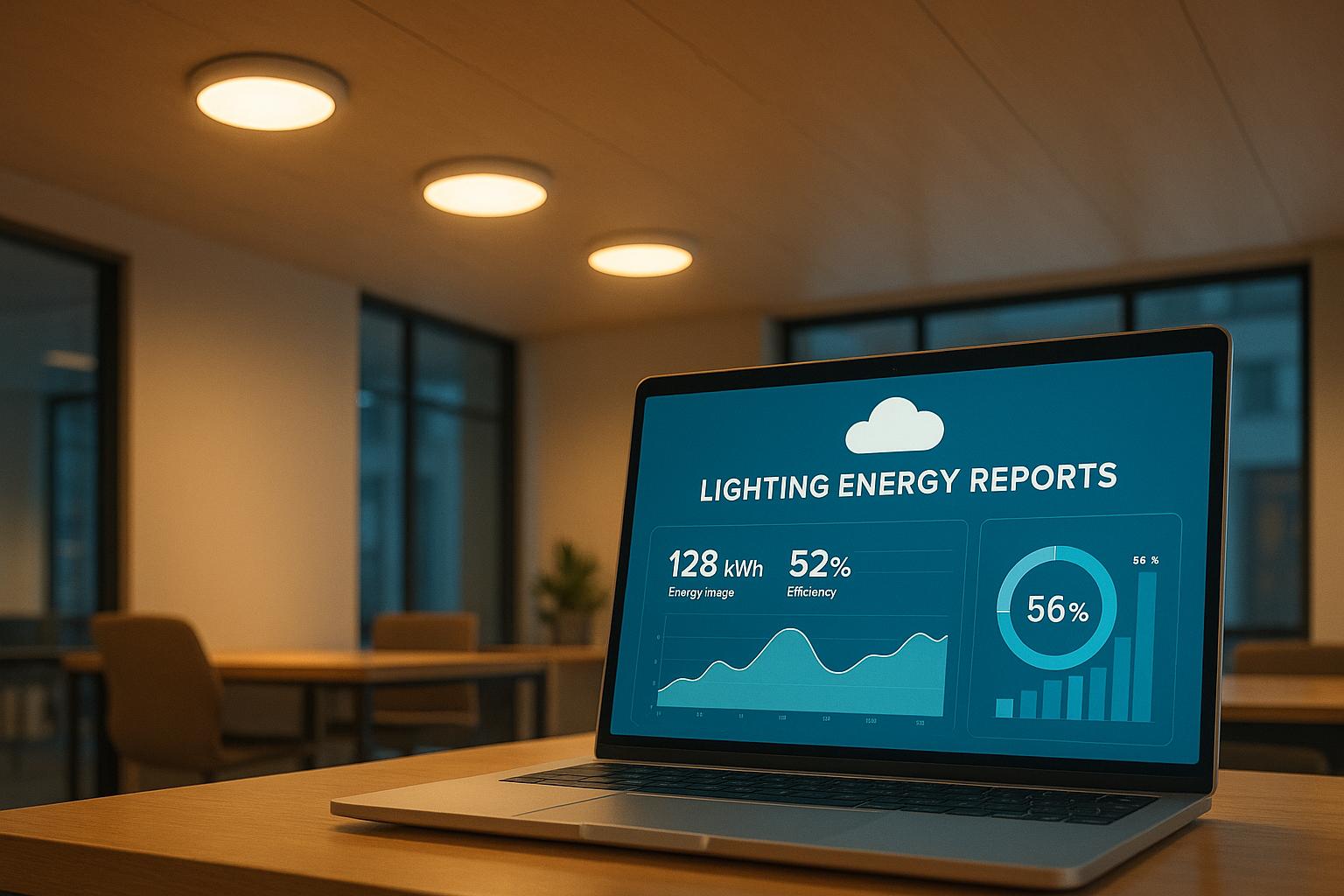 Laptop displaying lighting energy reports with efficiency graphs and statistics