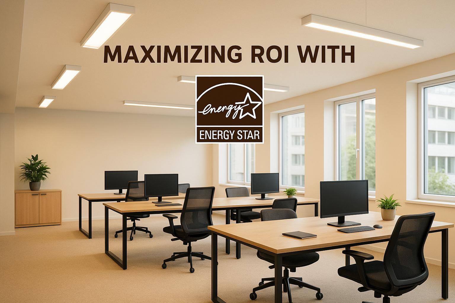 Modern office workspace with Energy Star logo highlighting ROI maximization