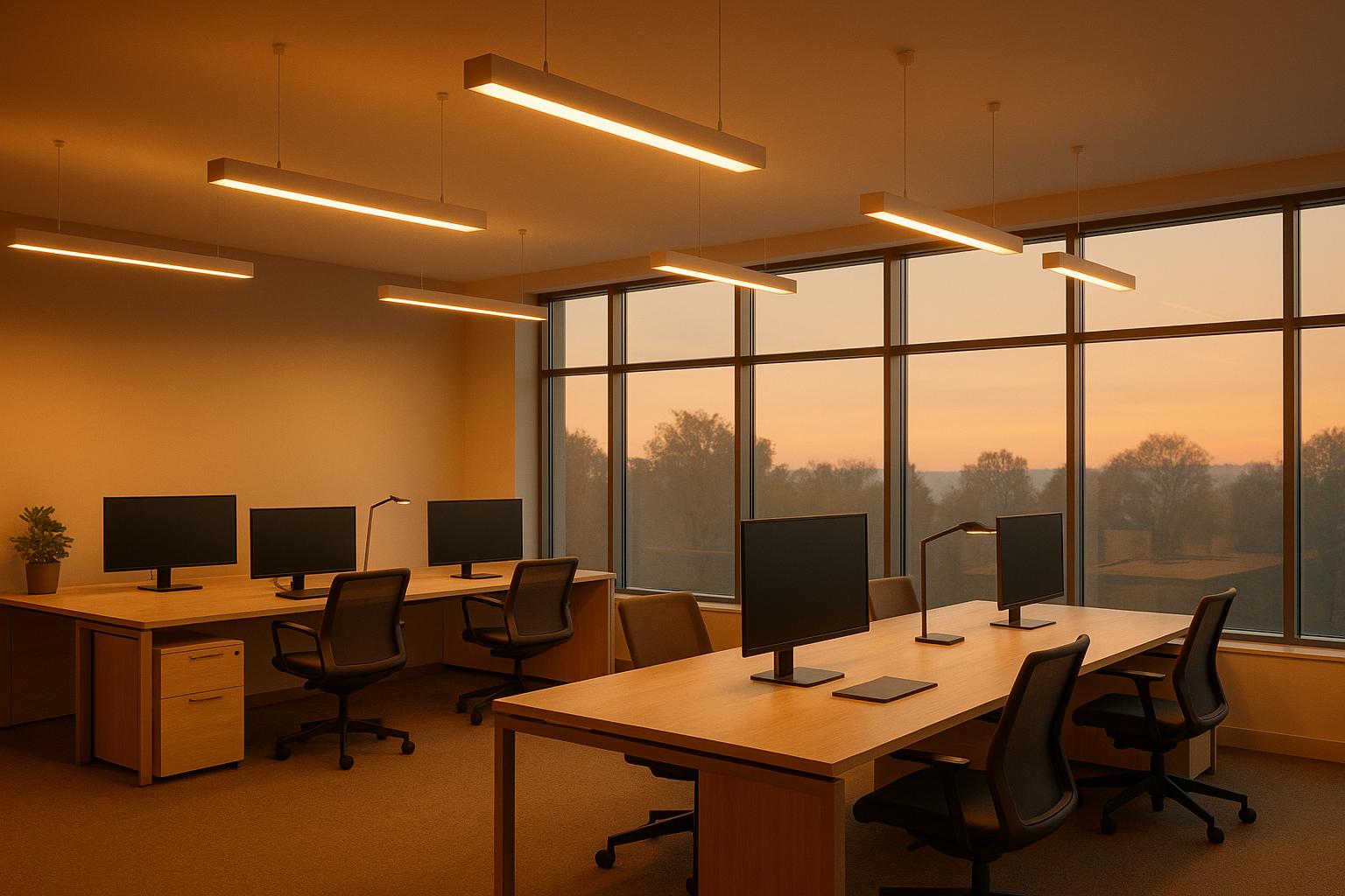 Modern office workspace with computers at sunrise, warm lighting