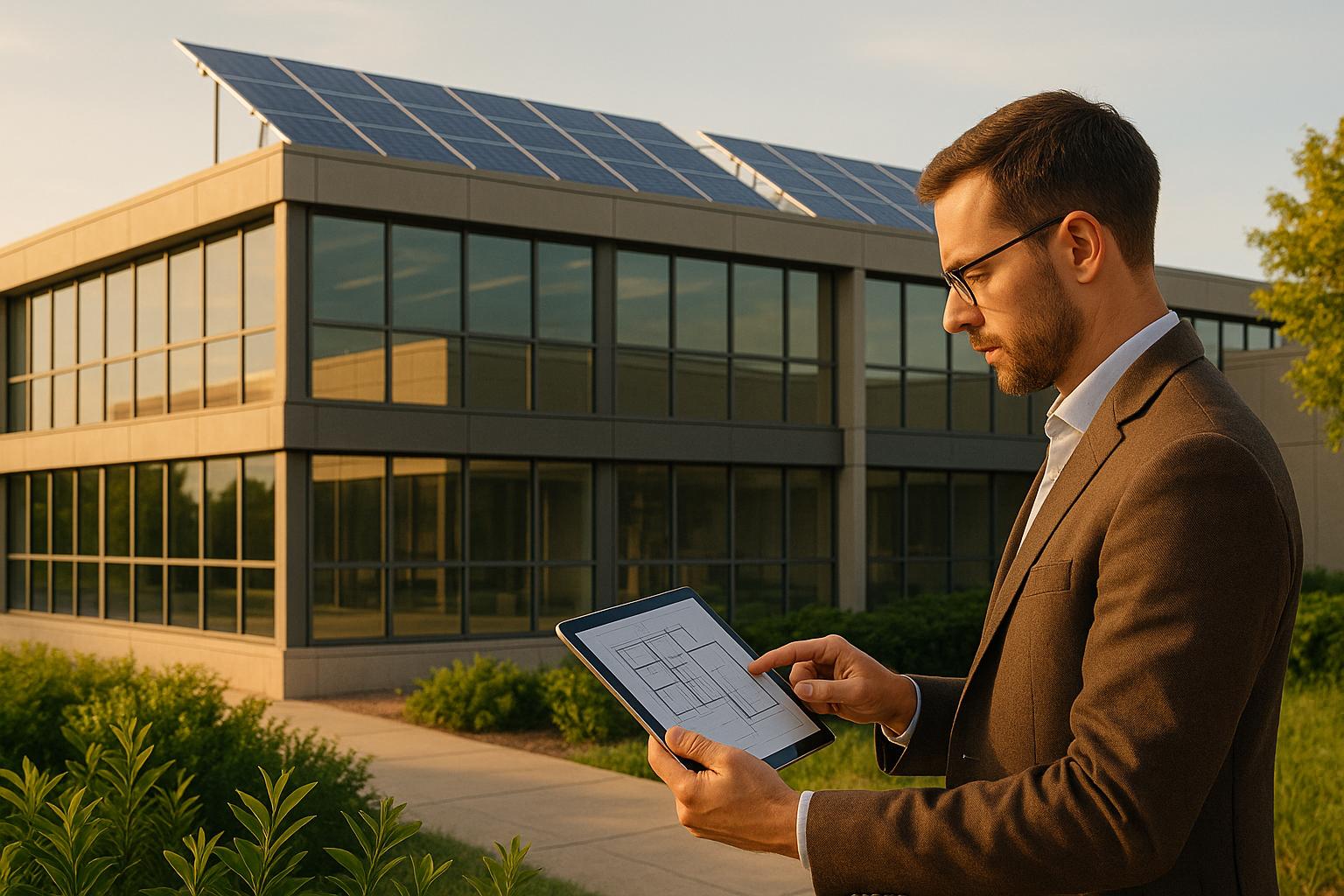 Professional reviewing solar panel building plans on tablet outside modern office