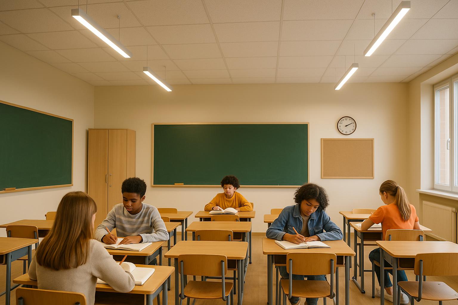 Students studying in classroom with green chalkboard and wooden desks
