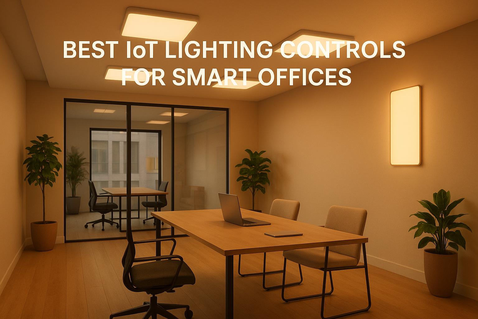 Modern smart office with IoT lighting, wooden table, and potted plants