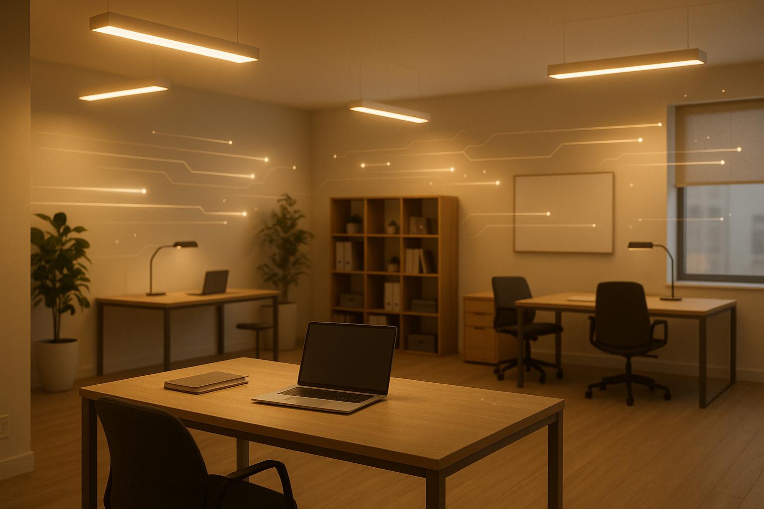 Modern office workspace with laptop, warm lighting, and digital network lines