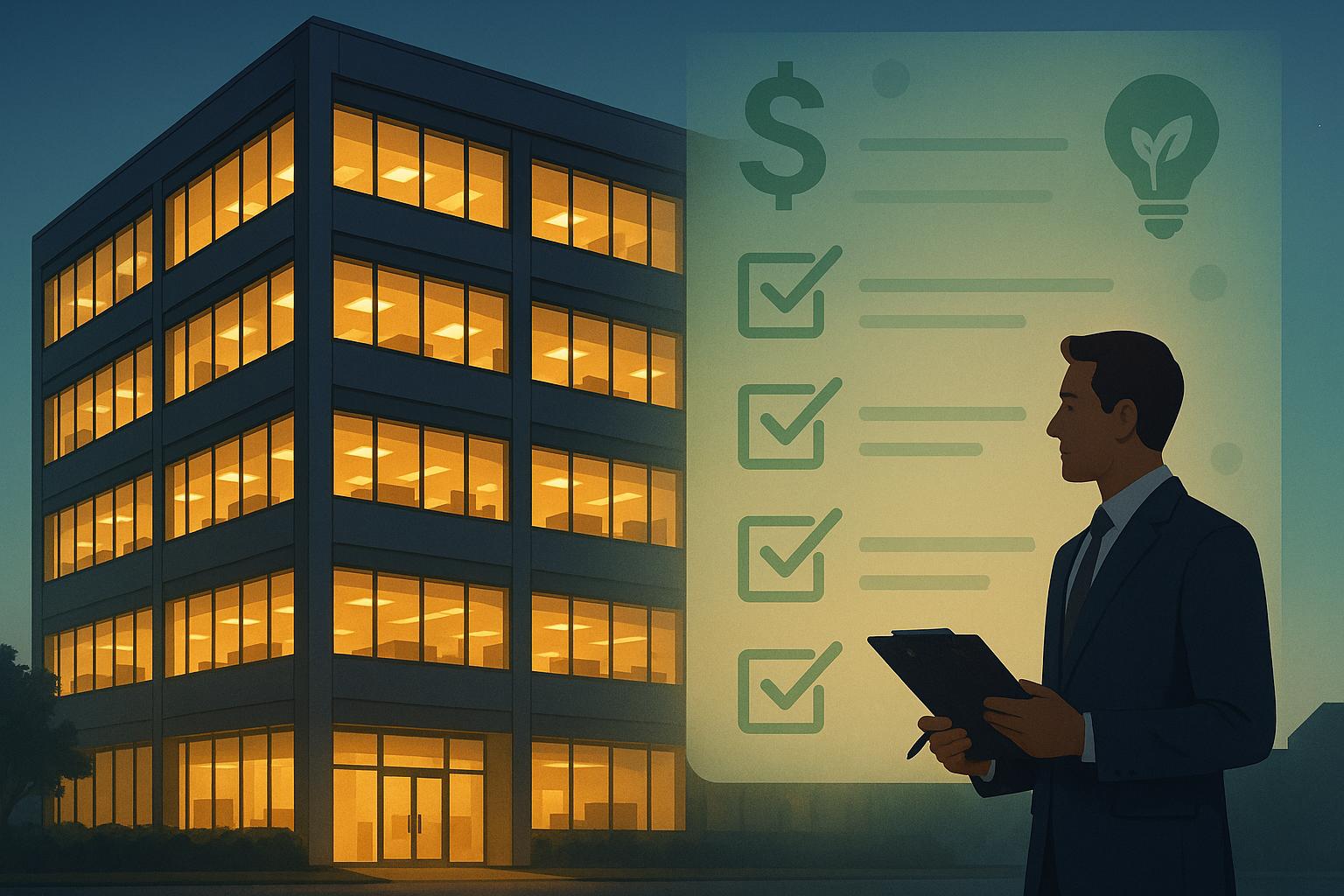 Businessman reviewing checklist with office building at night