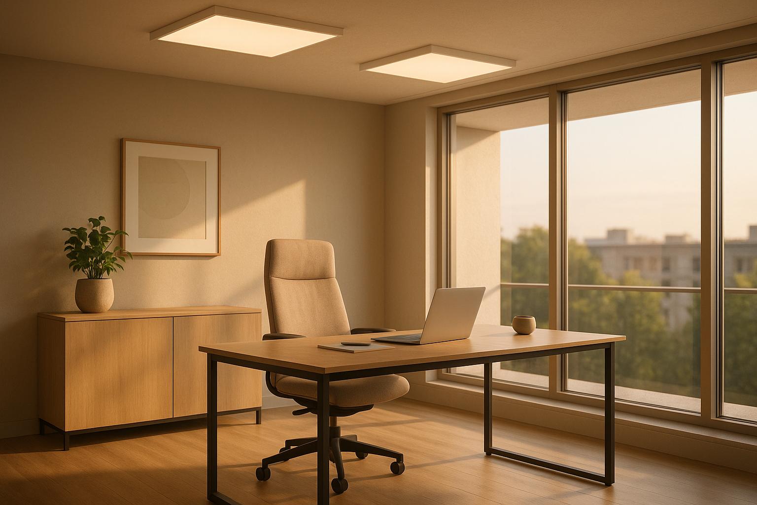 Minimalist home office with laptop, desk, and large windows overlooking city